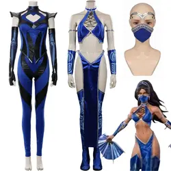 Mortal Kombat Kitana Cosplay Fantasia Costume Sexy Jumpsuit Mask for Adult Women Roleplay Outfits Halloween Carnival Suit