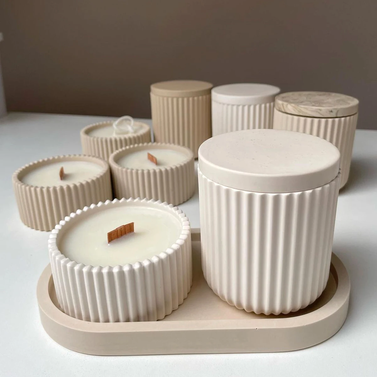 Round Stripe Candle Jar Silicone Mold DIY Handmade Storage Box Pen Holder Plaster Cement Vase Crafts Casting Molds Home Decor