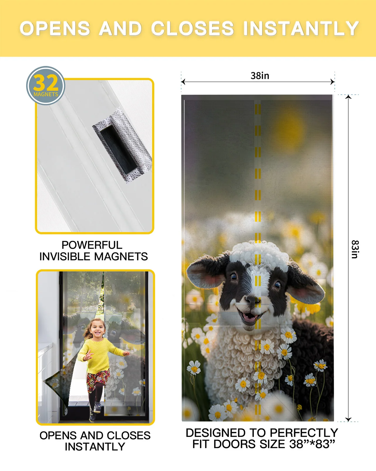 Sheep Daisies Farm Summer Magnetic Screen Door Curtain Anti Mosquito Net Insect Fly Bug Kitchen Curtains