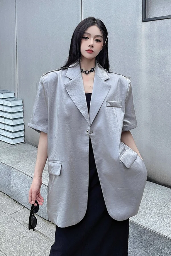 

​​Silver Liquid Satin Blazer Metallic Studs Lightweight Summer Blazer Women Architectural Shoulder Signature Statement​​