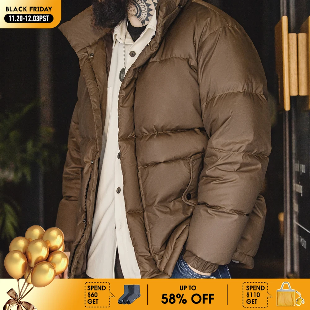 

Maden Vintage Waxed Down Jacket for Men Warm Thick Hooded Stand Collar Puffer Coat Outdoor Winter Cold-Proof Outerwear