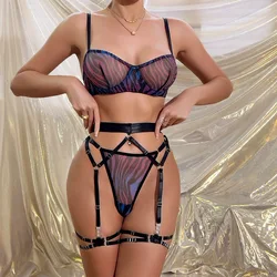 European and American erotic underwear three-piece set, sexy leopard print mesh women's Lingerie set  sexy lingerie  body suit