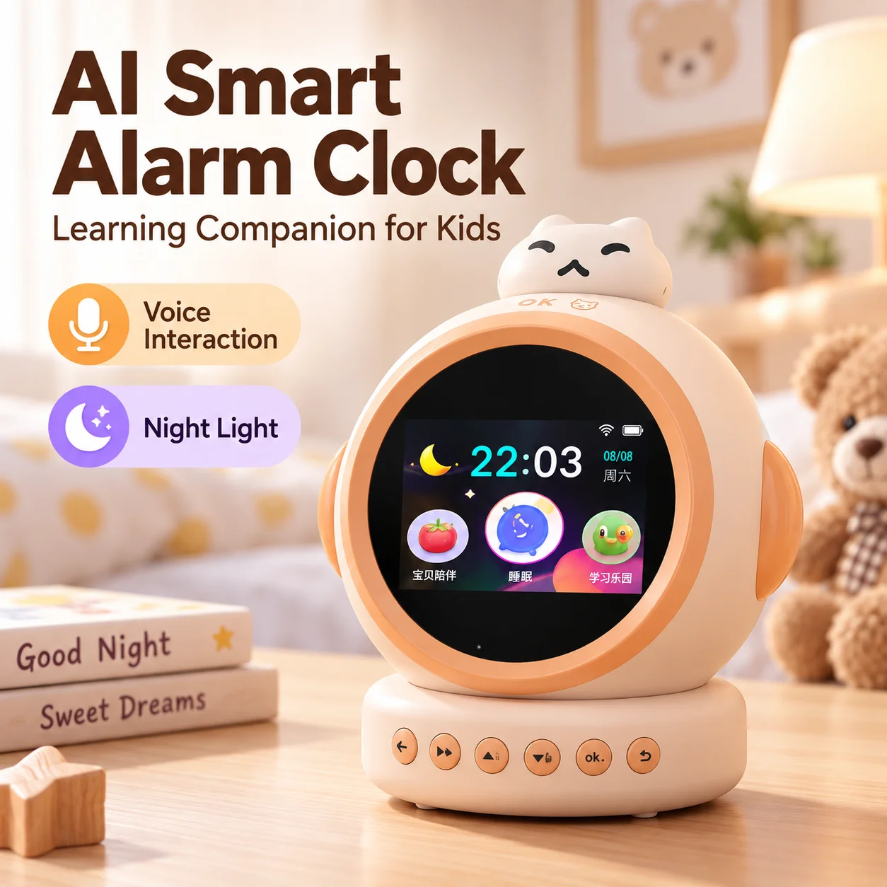 Kids Alarm Clock Ok to Wake, Cat Alarm Clock for Kids Sleep Training, Toddlers Night Light Clock for Bedroom, Sound Machine, Birthday Gift for Boy Girls Children