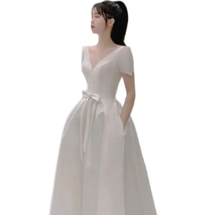 Robe de Mariée Légère en Satin Blanc pour Femme, Tenue de Soirée, Design de Banquet, de Fiançailles, Nouvelle Collection 2025