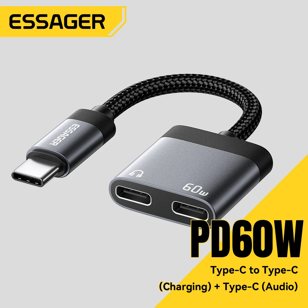 Essager Audio And Charging Splitter Cable 2 In 1 3.5mm Jack Earphone PD 60W USB Type C Charger Adapter For iPhone Samsung Xiaomi