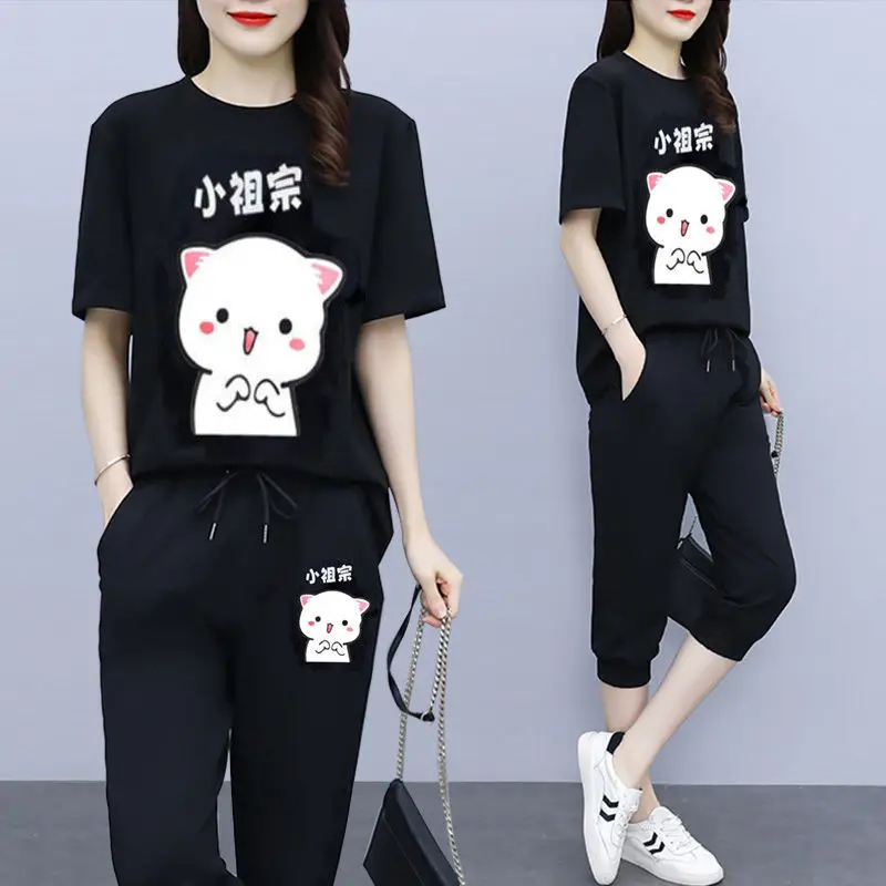 Single piece/set slim summer Korean casual sports women's 2024 loose cropped pants+short sleeved two-piece set