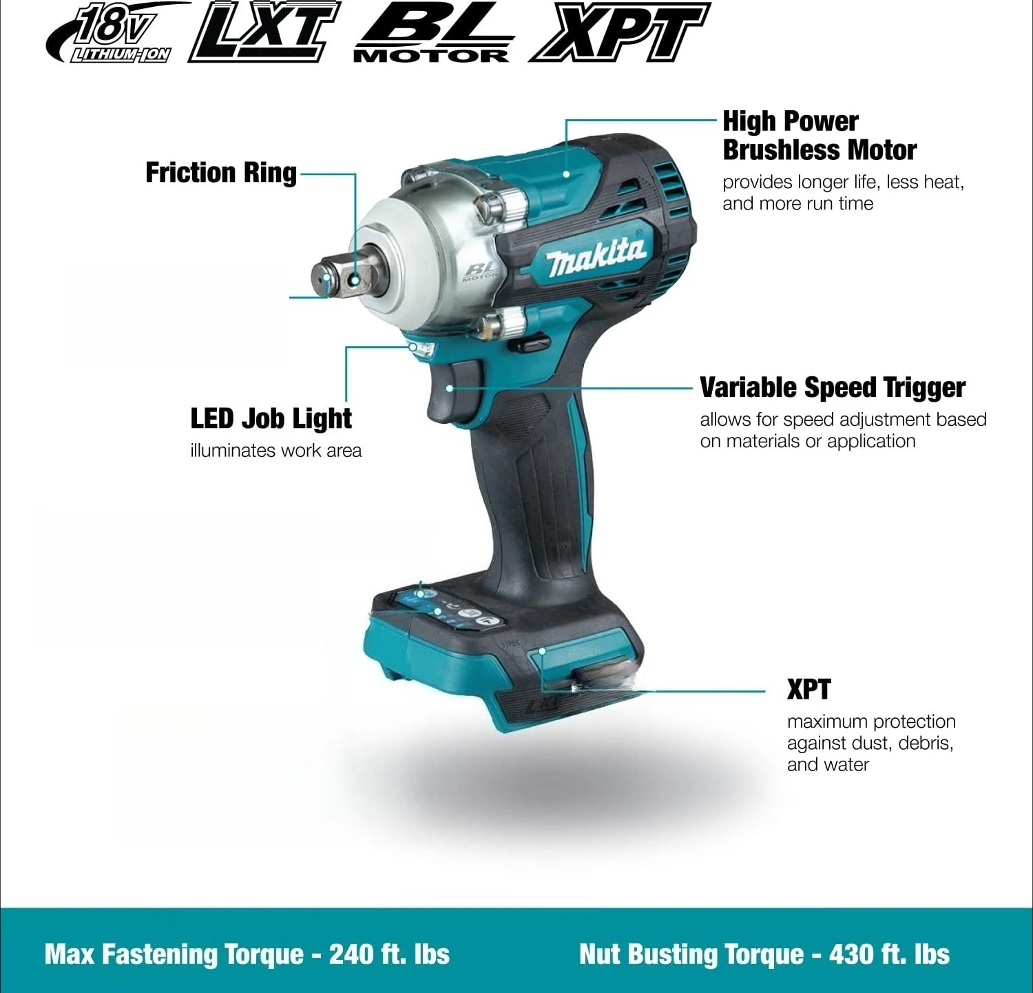 Makita DTW300 18V LXT Brushless Cordless Variable Speed Impact Wrench with XPT&Friction Ring (Tool Only)