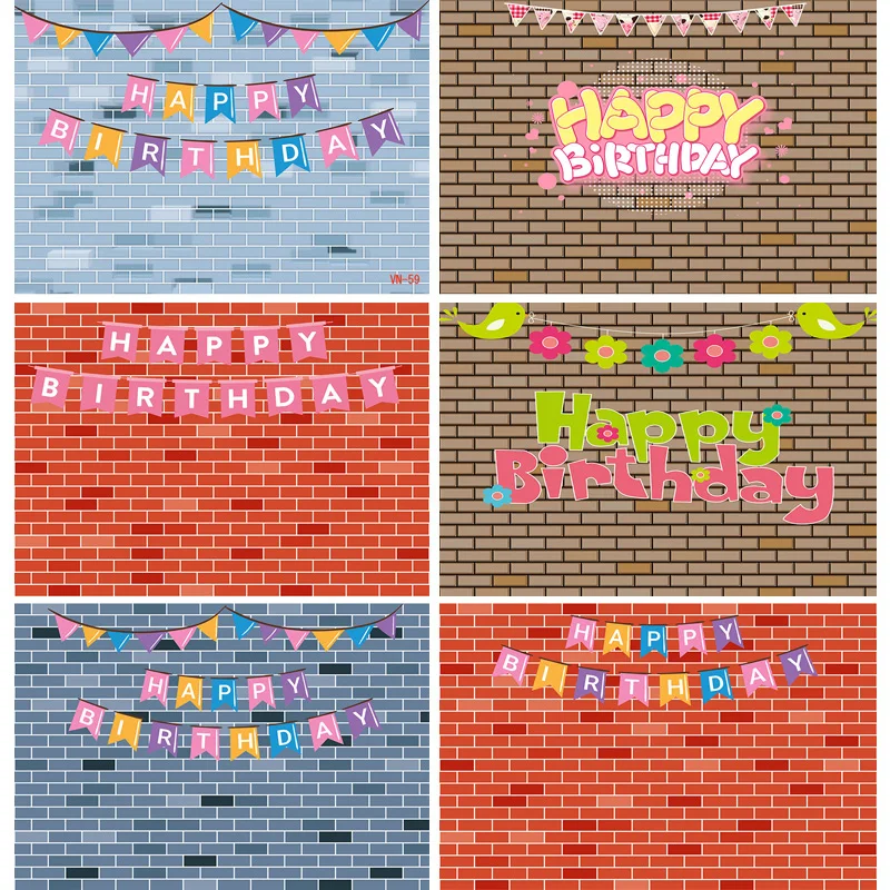 Gray White Brick Wall Happy Birthday Photography Backdrops Props Texture Children Party Theme Photo Studio Background QZ-23