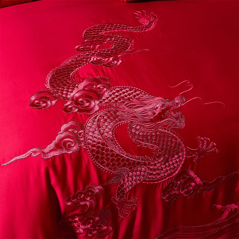 Imagem -02 - Conjunto de Cama Chinês Bordado Algodão Quilt Cover Duvet Cover Lençol Fronha Casamento Loong Phoenix Vermelho Puro Borlas Pcs