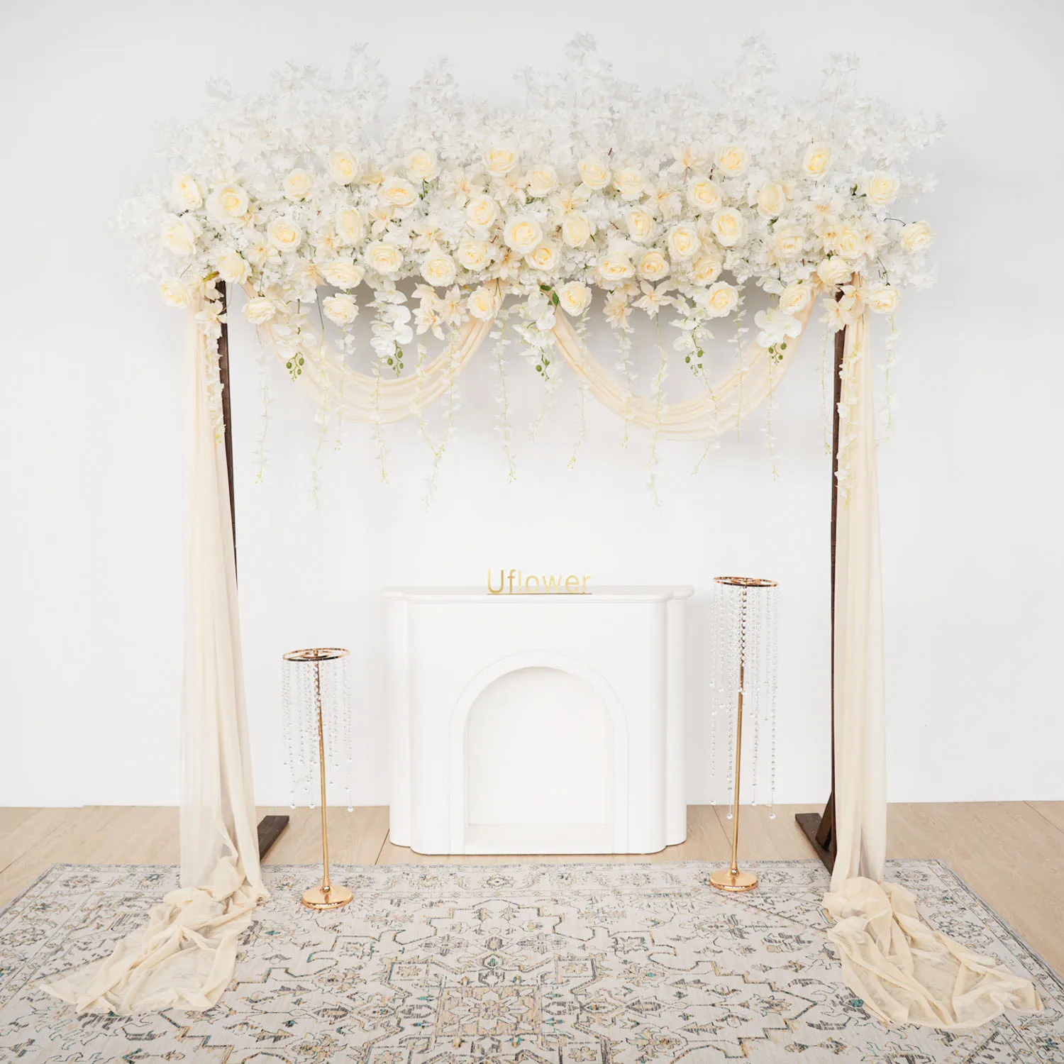 

Uflower Luxury Champagne Rose Cherry Blossom Hang Wisteria Floral Arrangement Wedding Backdrop Decoration Flowers Row Event Prop