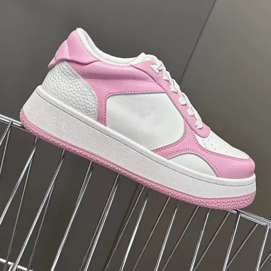 

2026 Spring & Autumn Trendy Genuine Leather Thick Sole White Sneakers - Fashion Versatile Color Block Board Shoes