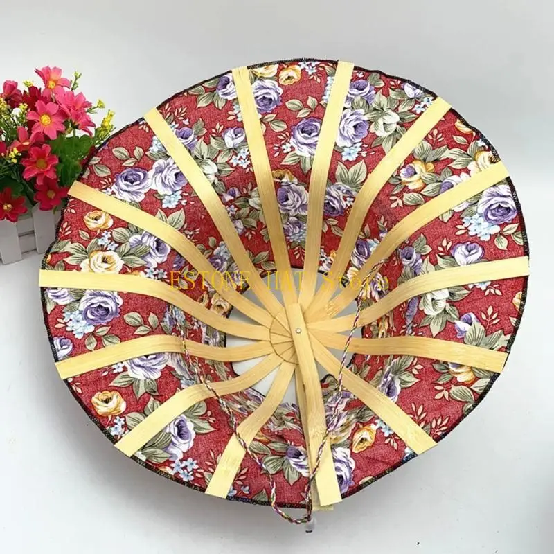 49MF Lady Bamboo Flower Pattern Dual-Use Beach Foldable Hand Fan Handmade Sunhats