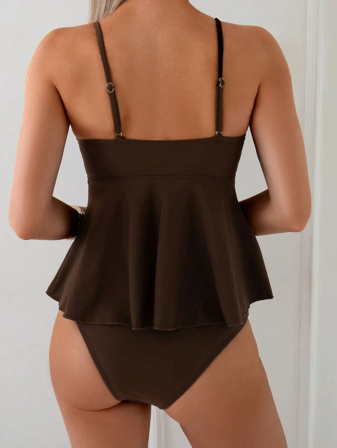 ملابس سباحة نسائية من قطعتين من Coffee Tankini ذات هيكل معدني جديد بلون سادة مع أشرطة كتف قابلة للتعديل #2