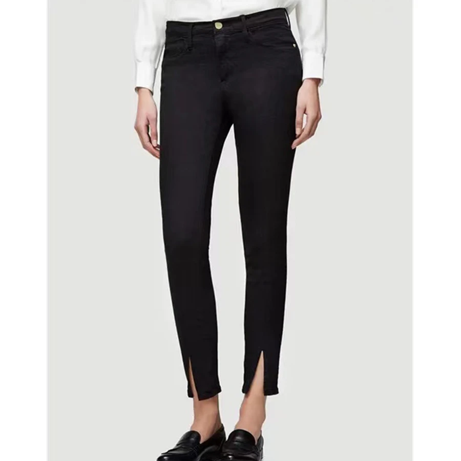 

Maxdutti Summer Denim Pants Women French Minimalist Fashion Black Mid Waist High Elastic Front Slit Cropped Jeans Woman Clothes