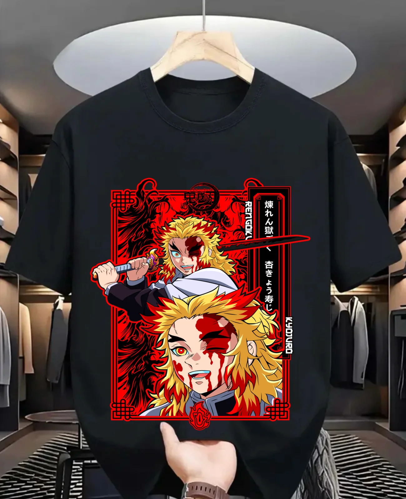 2026 Sommer Demon Slayer Anime Rengoku Kyojuro Bedrucktes Lockeres Kurzarm-T-Shirt aus Reiner Baumwolle für Kinder Trendiges Unisex Freizeit-Shirt