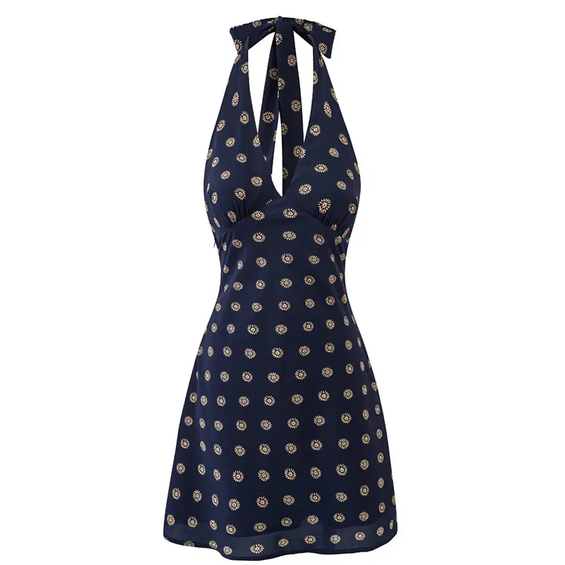 Summer New Rixo Cosy Vintage Style Backless Neck Hanging Dress Women's Floral Print Sexy Girl Sleeveless V-neck Midi Dress