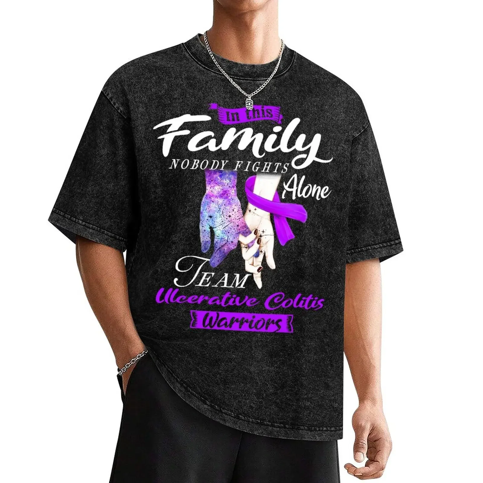 

In This Family Nobody Fights Alone Team Ulcerative Colitis Warrior T-Shirt korean fashion clothing for men