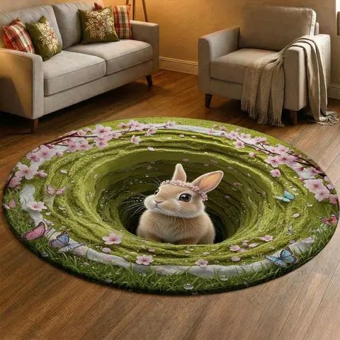 Rabbit Stone Hole Printed Round Carpet Visual 3D Animal Printed Door Mat Living Room Bedroom Kitchen Decoration Rug