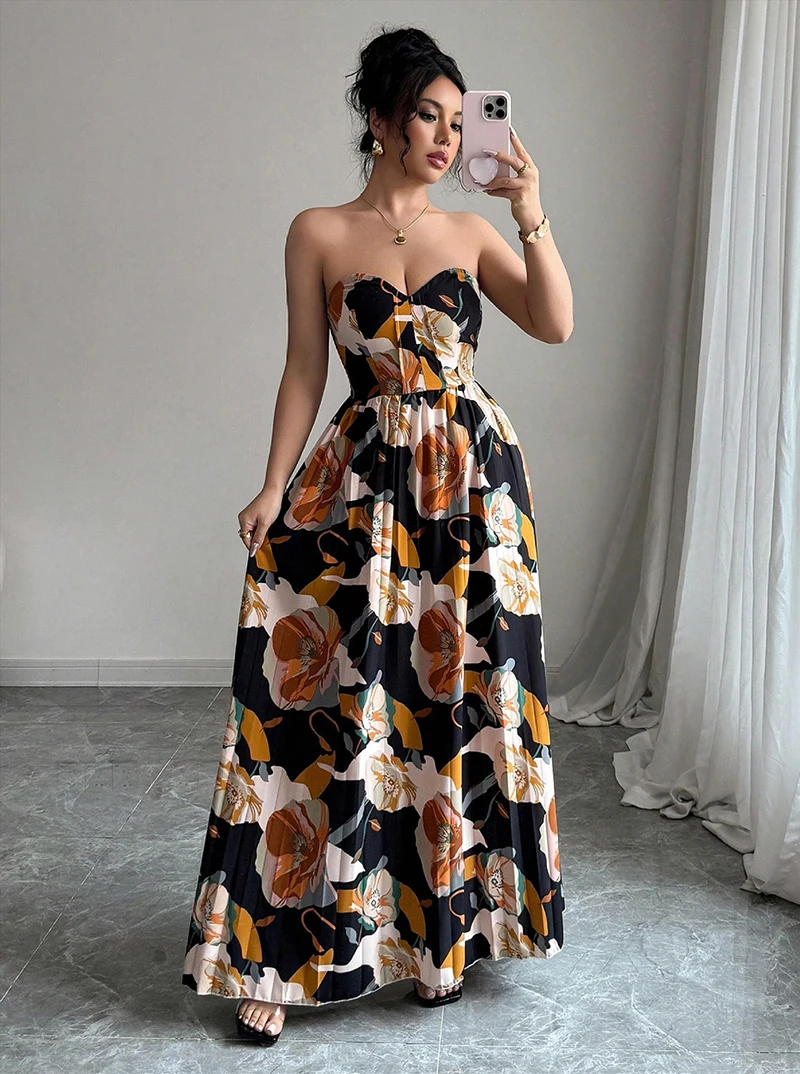 

Summer new printed pleated sleeveless strapless long sweet girl dress fashionable and elegant umbrella skirt women's clothing
