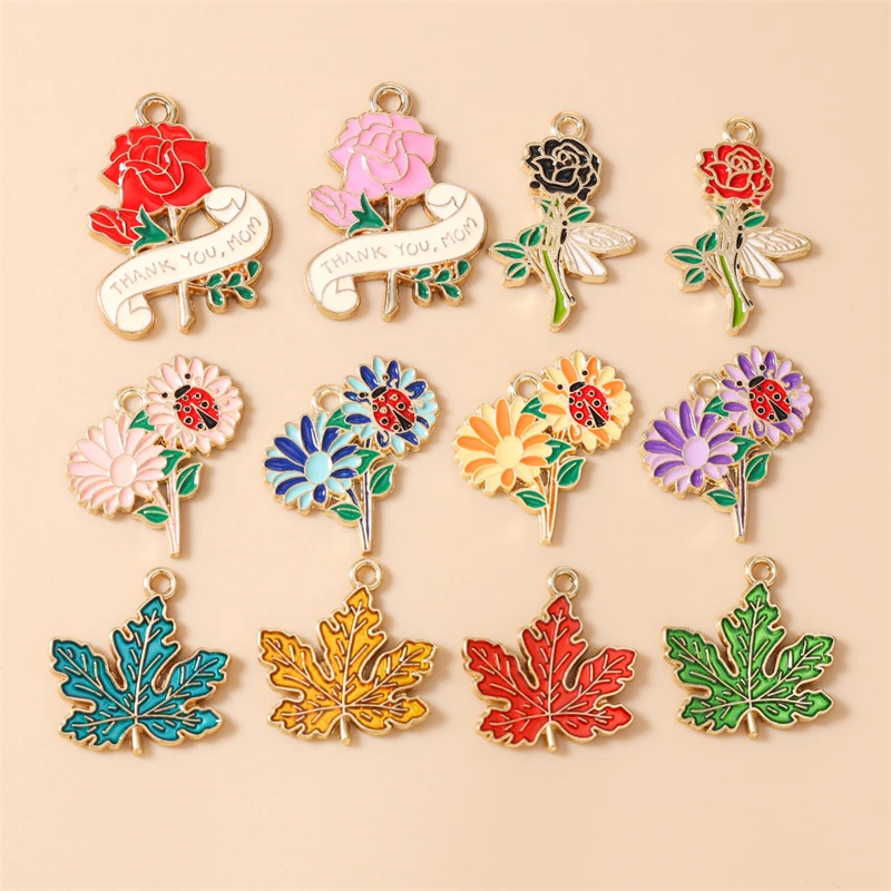 20 Stück Niedliche Bunte Emaille-Pflanzen- und Blumenanhänger für Schmuckherstellung, Halsketten, Ohrringe, Armbänder, DIY-Bastelzubehör – Detail 1