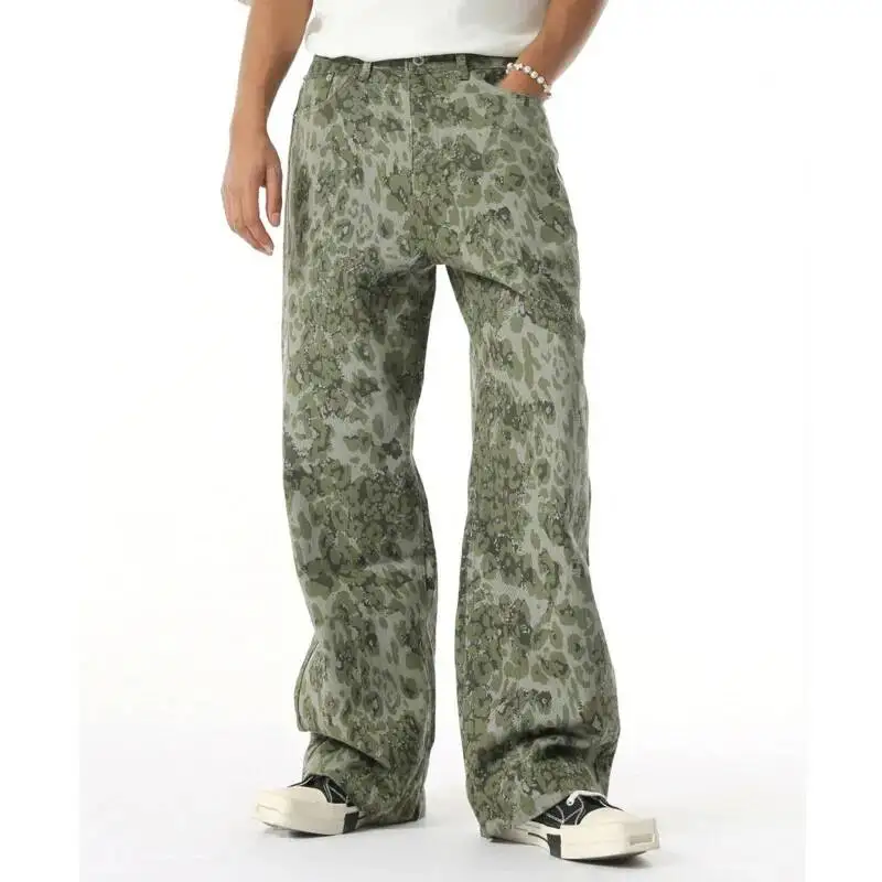 Men's Vintage Camo Straight Leg Jeans Pants High Street Loose Fit Leopard Print Washed Casual Cowboy Denim Trousers Y2K Unisex