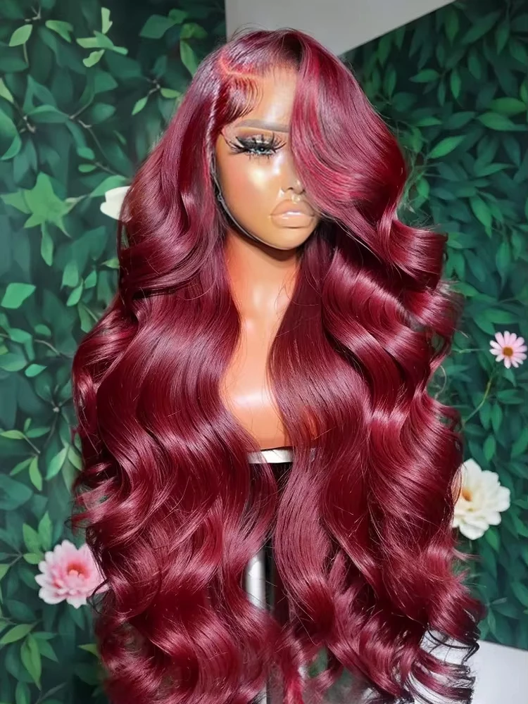 Объемная волна 180 200 Плотность Бордовый 13x6 Парик из натуральных волос 99J 13x4 HD Цветной красный 30 40 дюймов Бесклеевые кружевные фронтальные парики