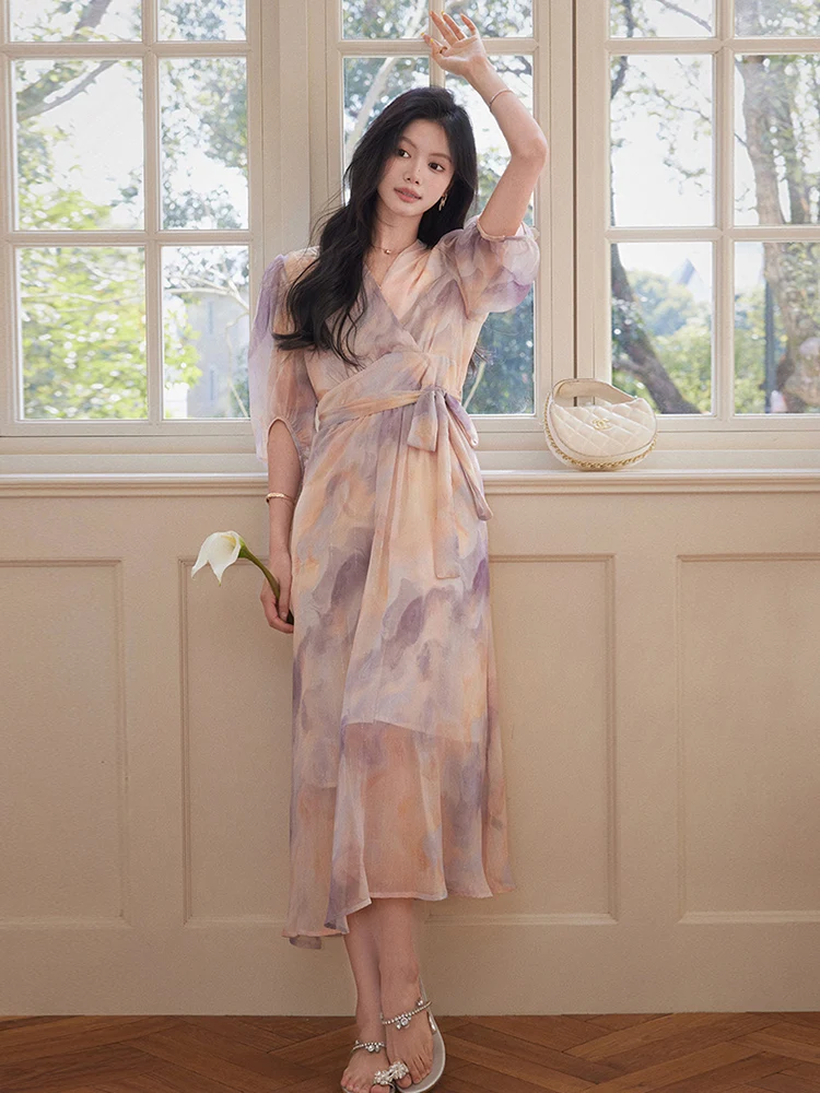 花柄Aラインロングドレス レディース 夏 2026 新作 ウエストシェイプ エイジレス エレガント Vネック ガウン 通勤 レディライク