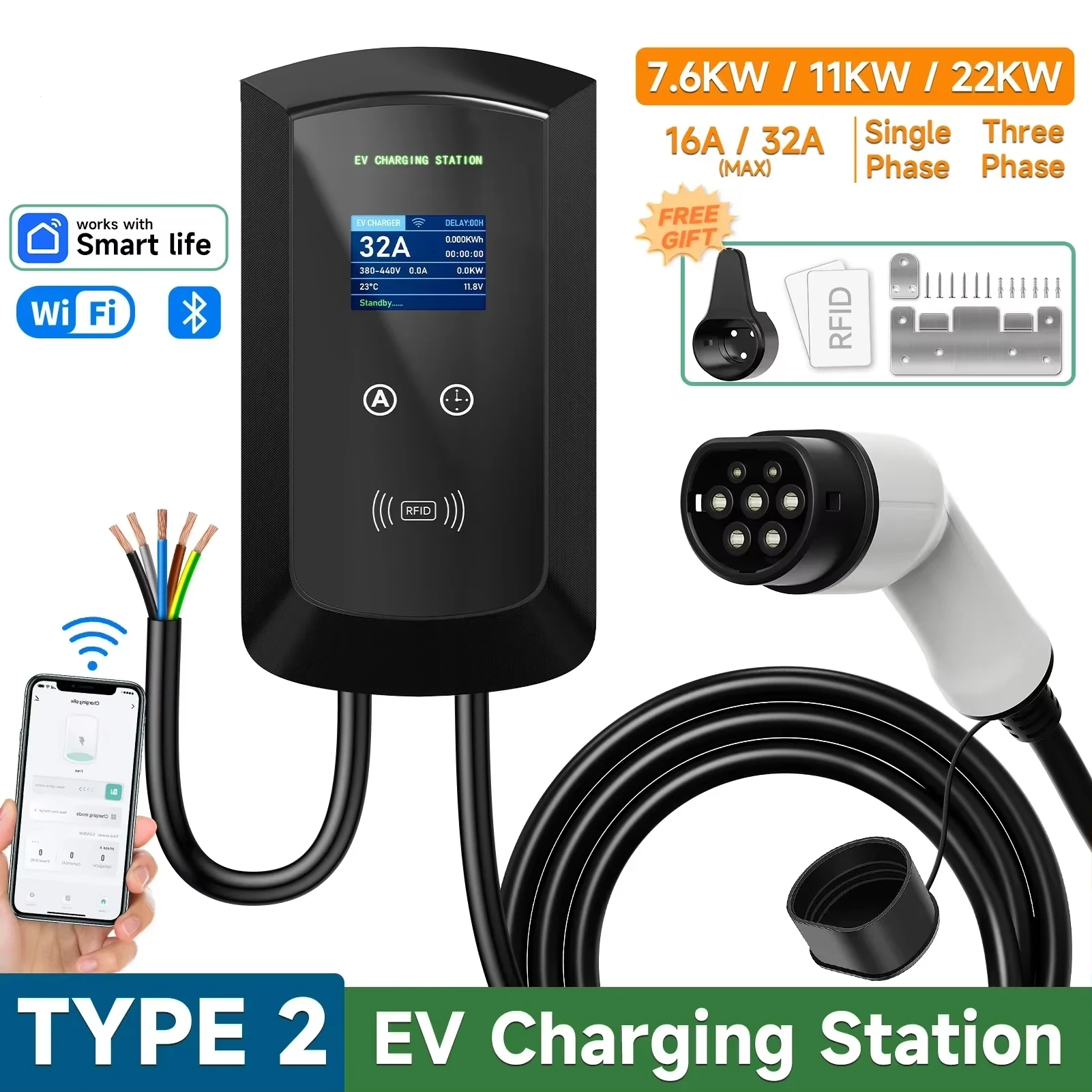 JNTAFEV 11KW 16A Typ 2 EV-Ladegerät 32A 7,6KW/22KW Elektroauto-Ladestation 1/3-Phasen Autoladestation Wallbox mit WLAN-App-Steuerung
