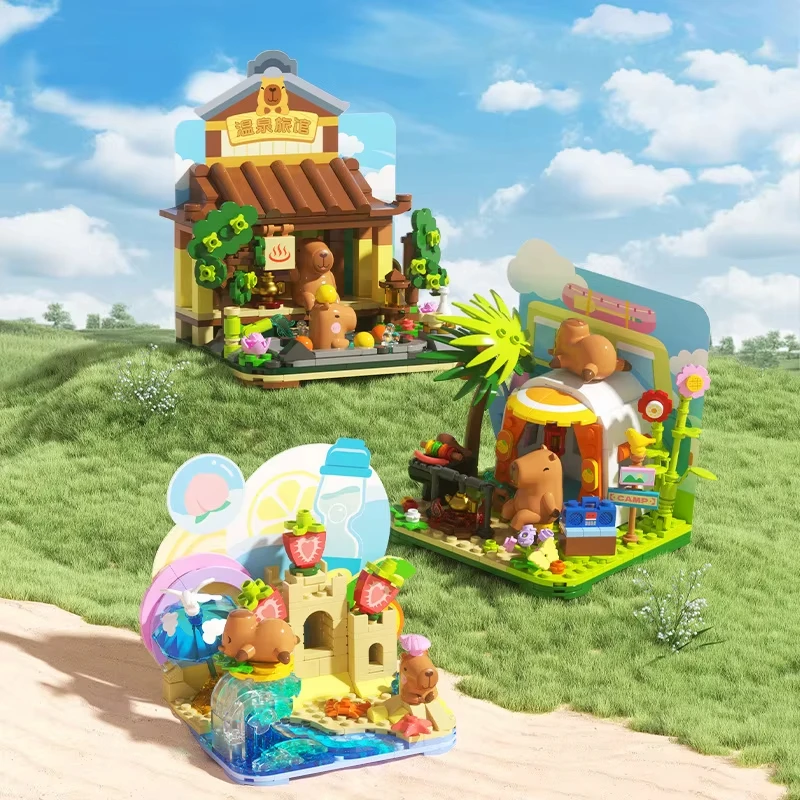 

Cute Capybara Building Blocks Camping Vacation Hot Springs Style Trendy toy to build as birthday gifts for boys girls