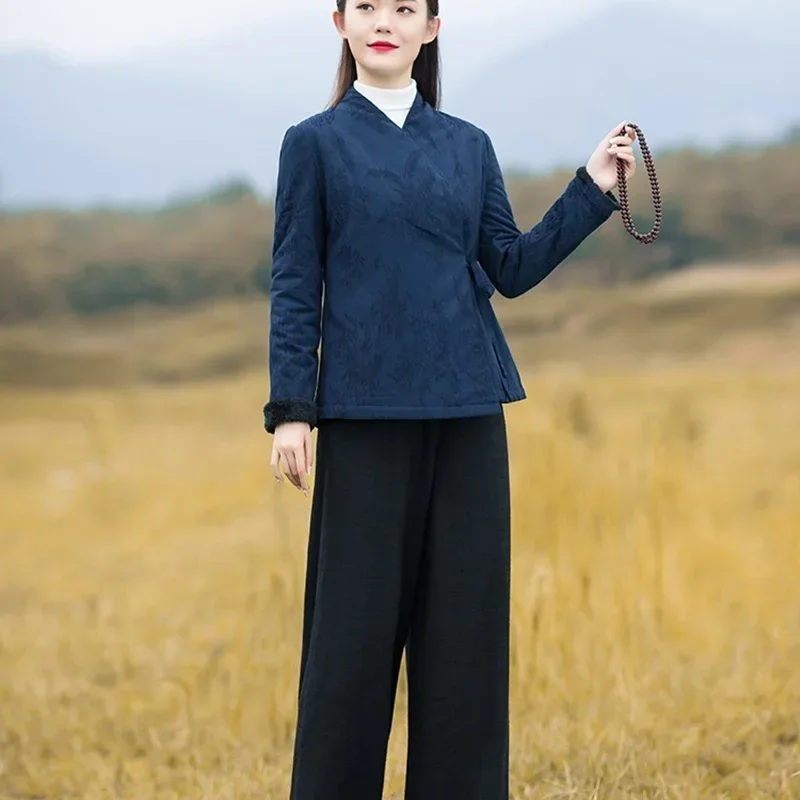 النمط الصيني ملابس النساء النساء معاطف الشتاء 2024 الخريف Hanfu القطن الكتان تانغ دعوى الصينية شيونغسام 12031