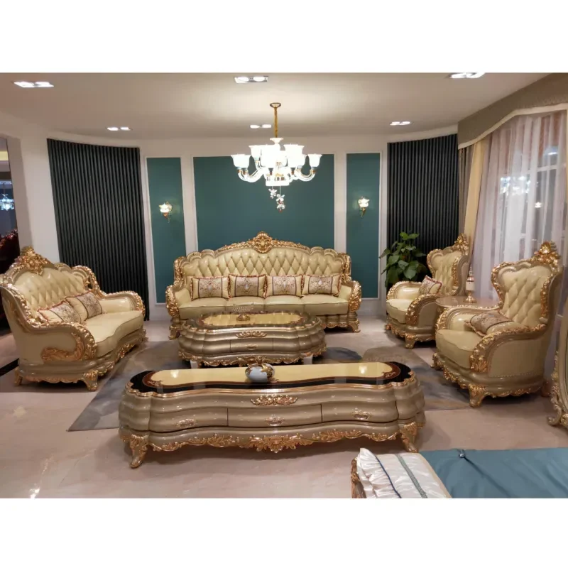 ZX07 Gold Chesterfield Sofa Set Single Living Room Furniture with Wood Frame and Sponge Filled Arabian Style Bed