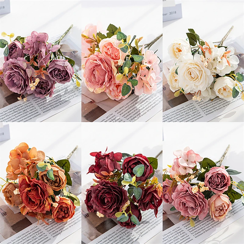 Rose Artificial Flower Retro Silk Bride Bouquet Hydrangea Peony Vintage Fake Floral Home Wedding Decoration Accessories