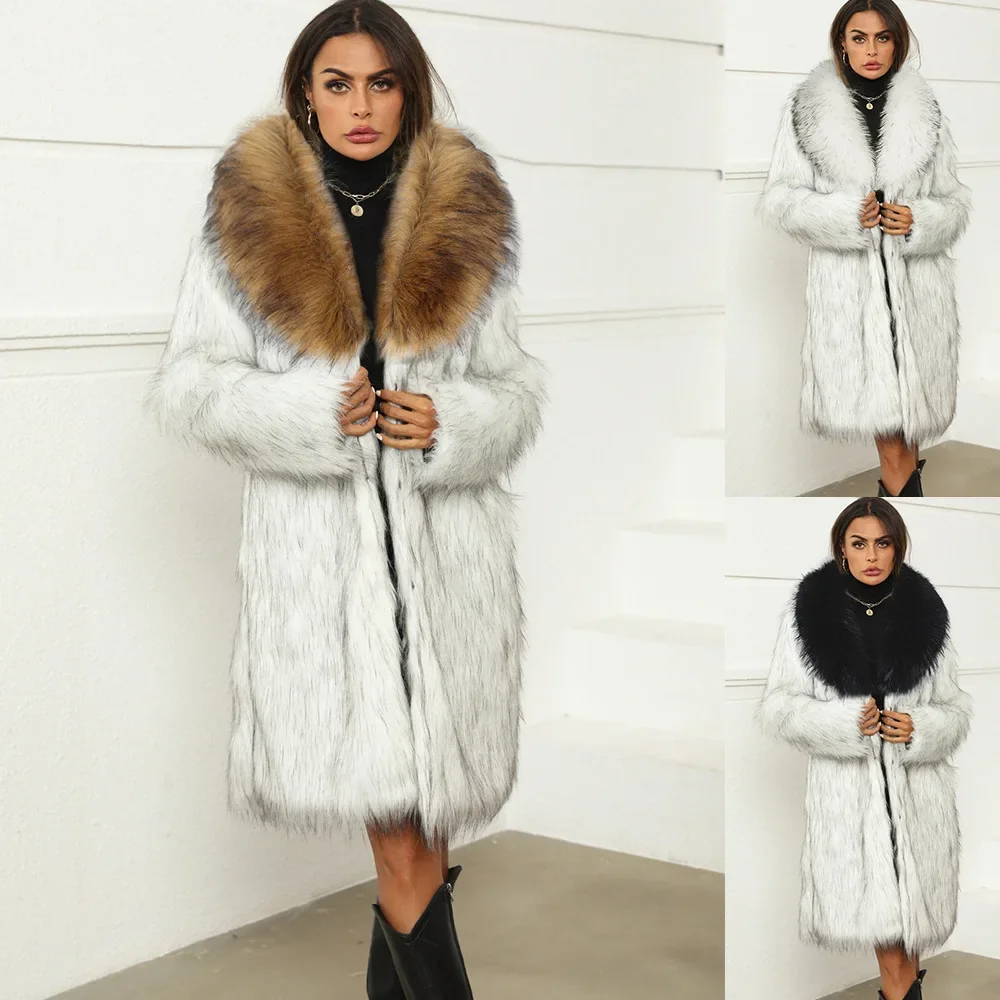 

Faux Fur Coats Women Mid Length Turn Down Collar Maxi Open Stitch Warm Thick Elegant Splice Coat Autumn Winter 2025 Jackets