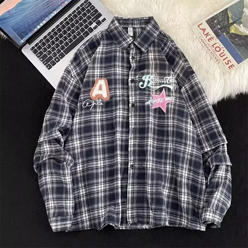 2024 New Women Blouse Streetwear Korean Fashion Print Plaid Shirt Women Long Sleeve Loose Casual Shirts Y2k Ladies Tops Blouse