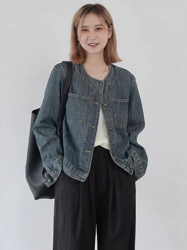 Chic Spring Summer New Fashionable Women's Denim Jacket Loose Commuting Casual Splicing Retro Round Neck Short Jean Coat Top