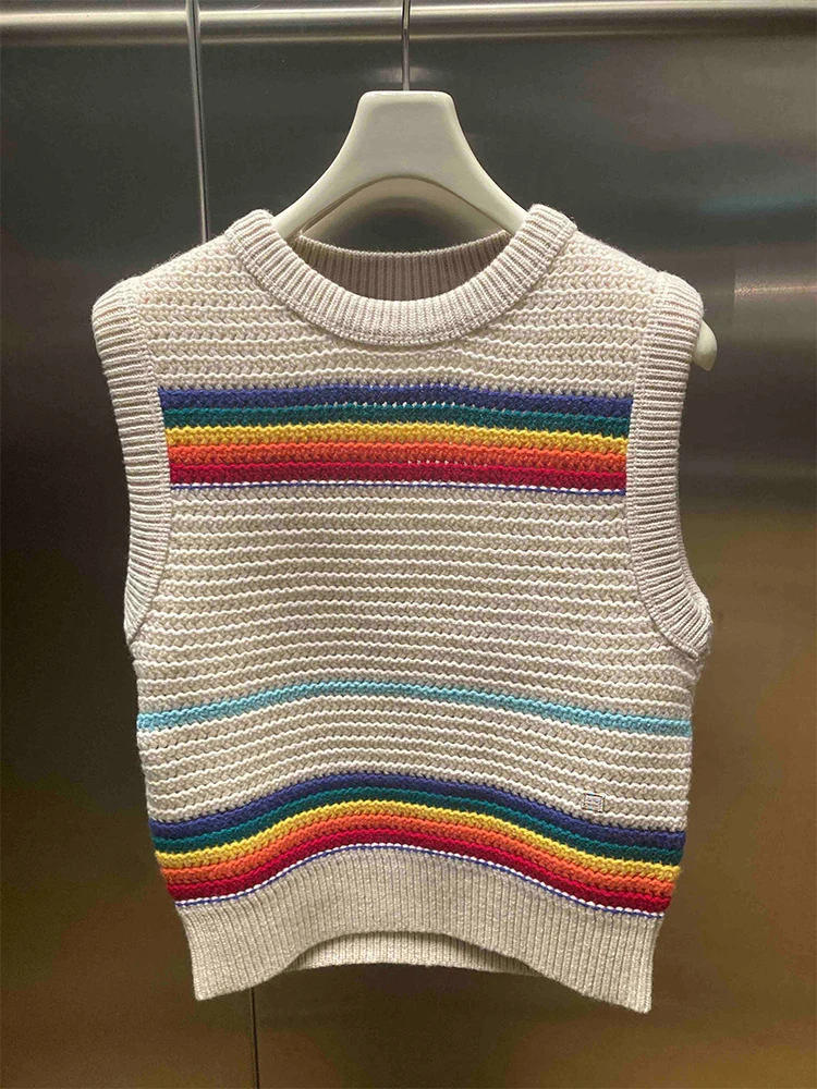 

Свободный вязаный жилет для женщин с радужными полосками и цветовыми блоками, летний модный уличный шерстяной свитер