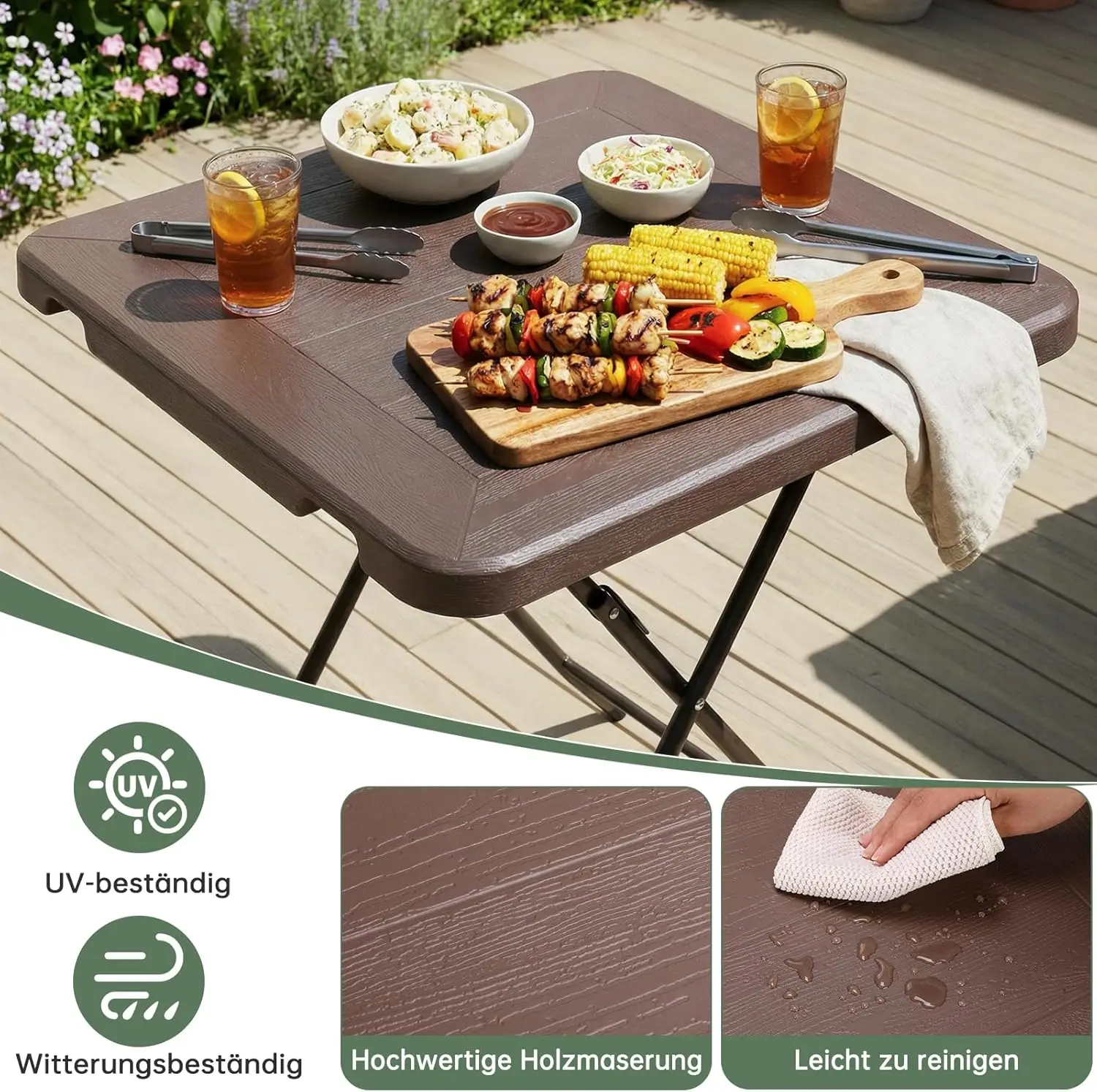 Wasserdichter Gartentisch, Klapptisch 80 x 80 x 74 cm, Balkontisch mit Stahlrahmen, verdicktes HDPE, für Party-Küche, Wohnzimmer – Detail 15
