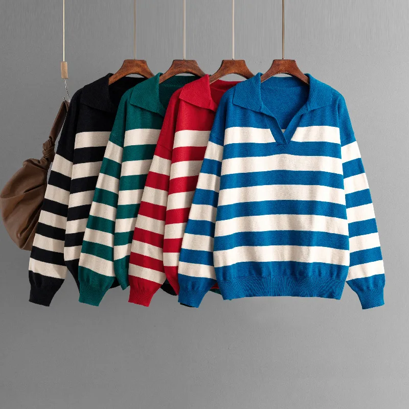 

Autumn Winter American Women’s Color-coded Striped Casual Trendy Loose Turn-down Collar Long Sleeve Knitted Sweater Pullovers