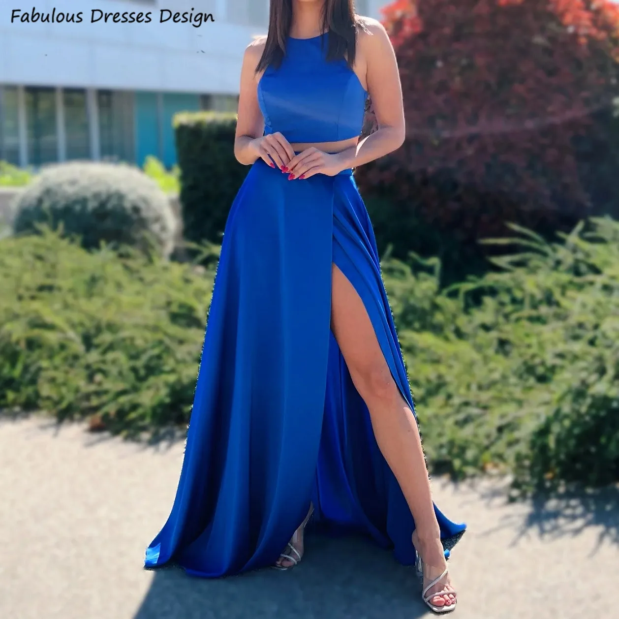 

Royal Blue Satin Long Bridesmaid Dresses Two Pieces A-line Slit Jewel Neck Wedding Guest Dress Spaghetti Straps Prom Party Gown