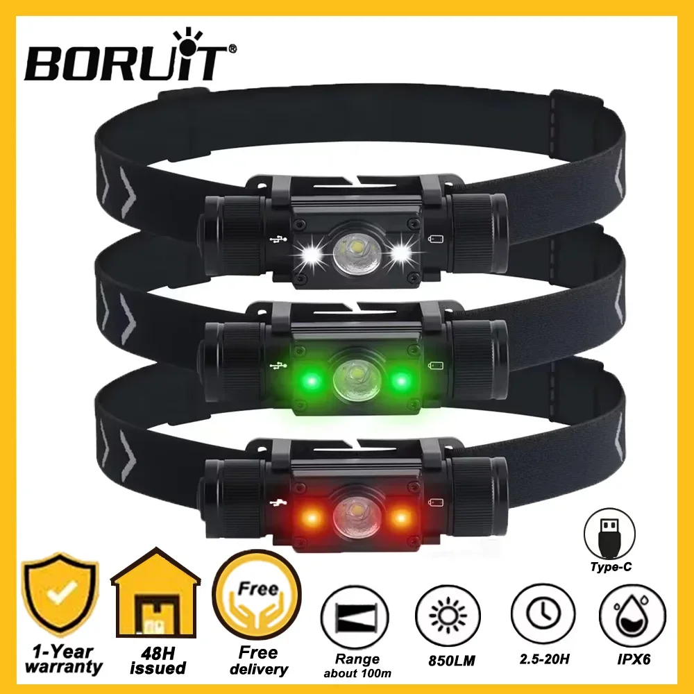 BORUiT HP300 Powerful LED Headlamp 18650 Battery Type-C Rechargeable Headlight Fishing Work Head Flashlight Camping Lantern