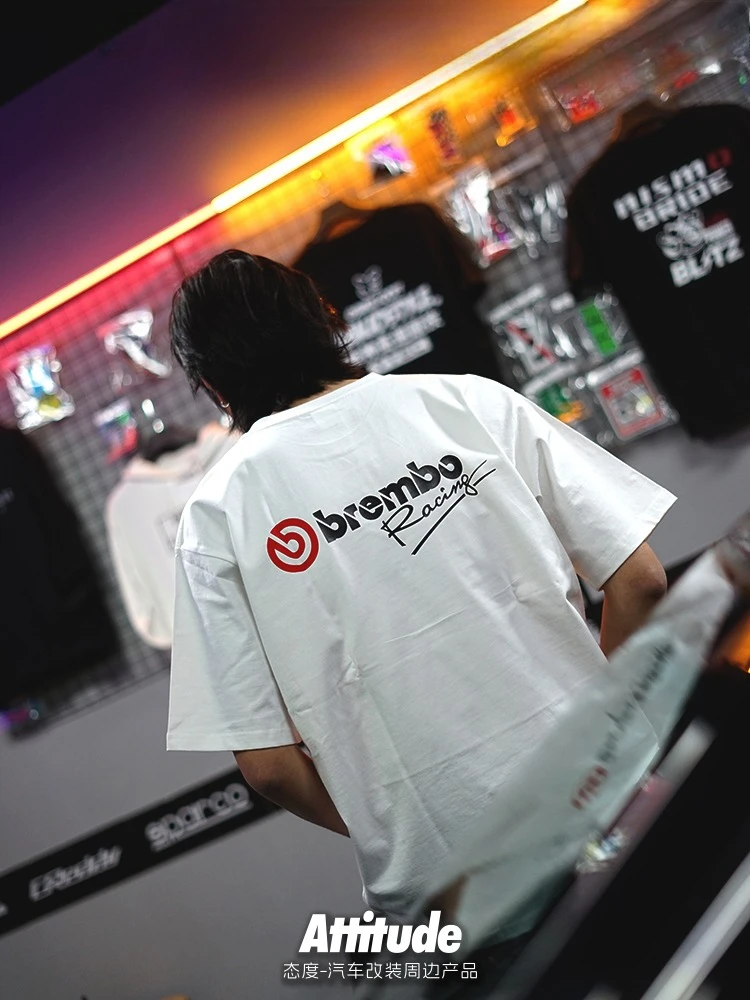 JDM Style Brembo Brake Puro Cotone Pesante Manica Corta 2025 Estate Vendita Calda Puro Cotone Moda Manica Corta da Uomo Tendenza