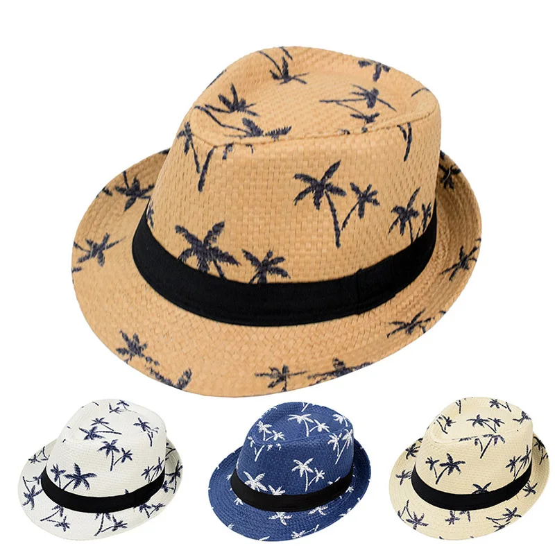 1pc Coconut Tree Print Hats Men's Summer Trave Sun Protection Beach Hat Fashion Breathable Versatile Small Jazz Cap Top Hat