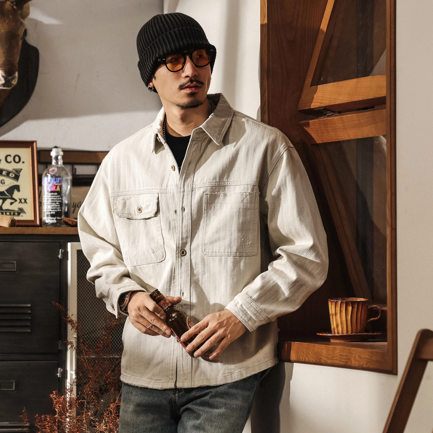 

Men's pure cotton washed work shirt, new spring and autumn trendy brand loose long-sleeved shirt jacket