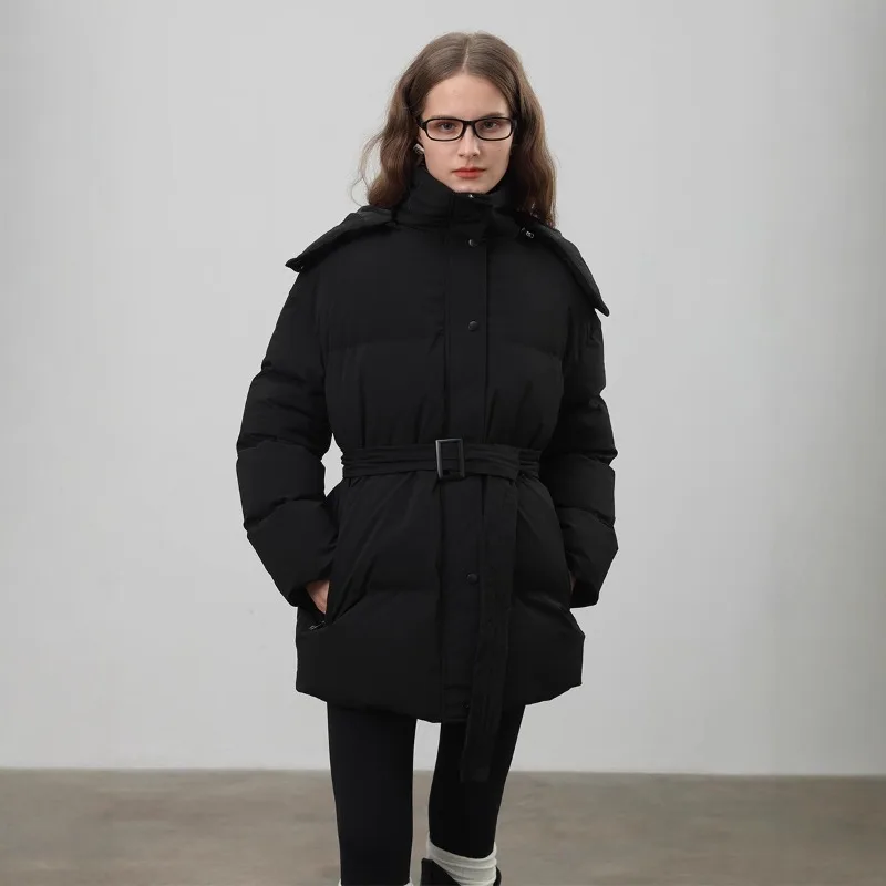 Hooded Quilted Jacket Warm Thickened Slim Zipper White Padded Cotton Coat with Belt Single Breasted Elegant Casual New Overcoats