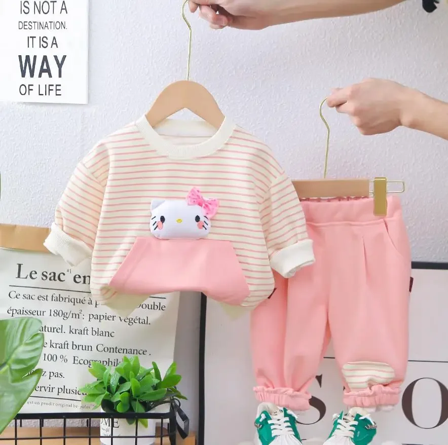 Designer Baby Kids Clothes Girl Outfits Sets 6 To 18 Months Striped Cartoon Casual Sweatshirt And Pants 2Pcs Boys Tracksuits