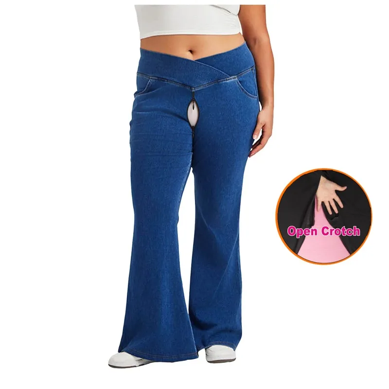 جينز نسائي مفتوح المنشعب كبير الحجم بجزء سفلي للنساء سروال جينز عالي الخصر قابل للتمدد مع جيوب عصرية