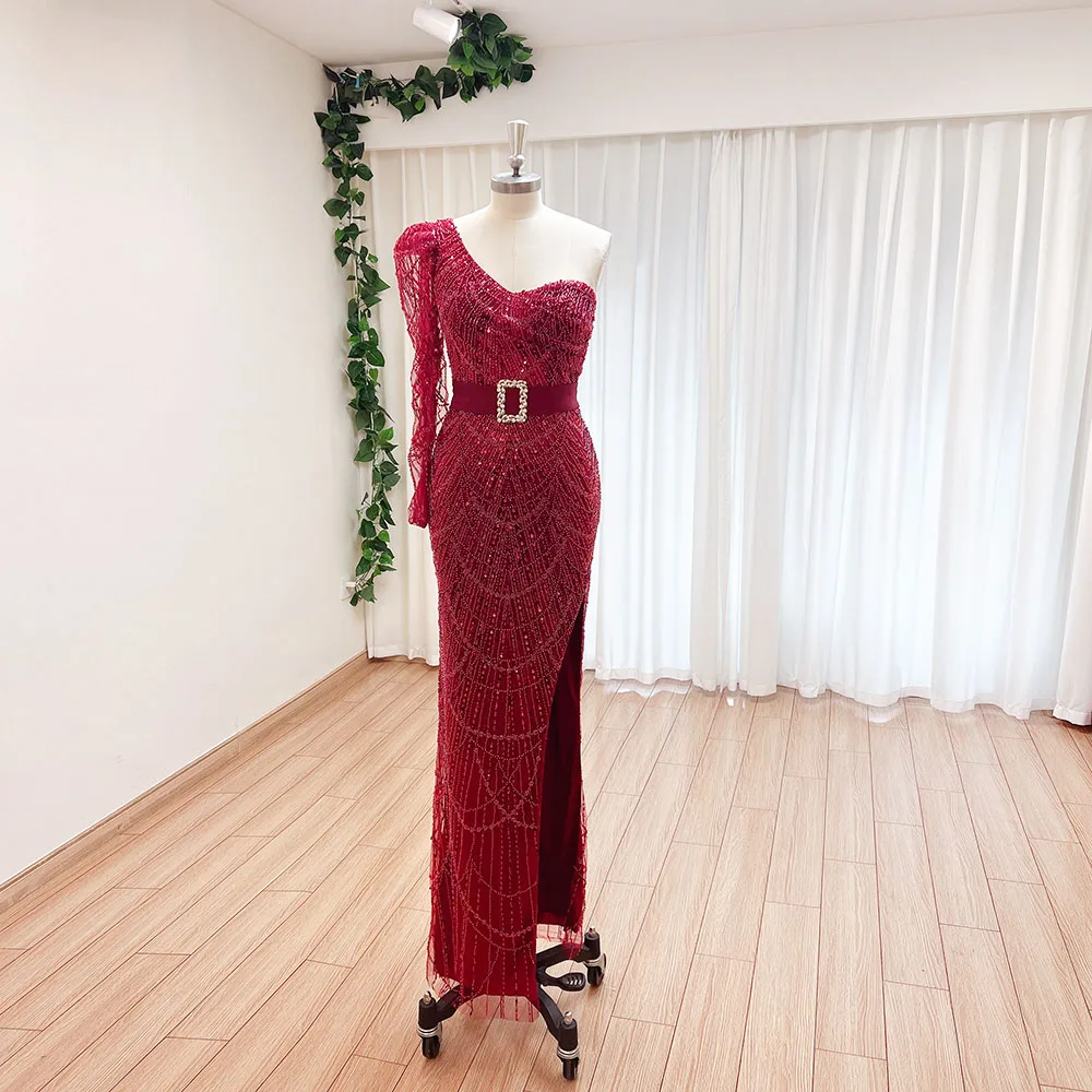 Luxury Dubai Pearls Mermaid Evening Dress for Women 2024 One Shoulder Long Sleeves Side Slit Formal Prom Wedding Party Gowns