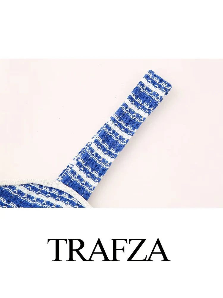 TRAFZA-shorts de cintura alta e top sem gola em v para mulheres, conjunto de 2 peças, zíper casual fino, sem costas, listras azuis, sexy, verão