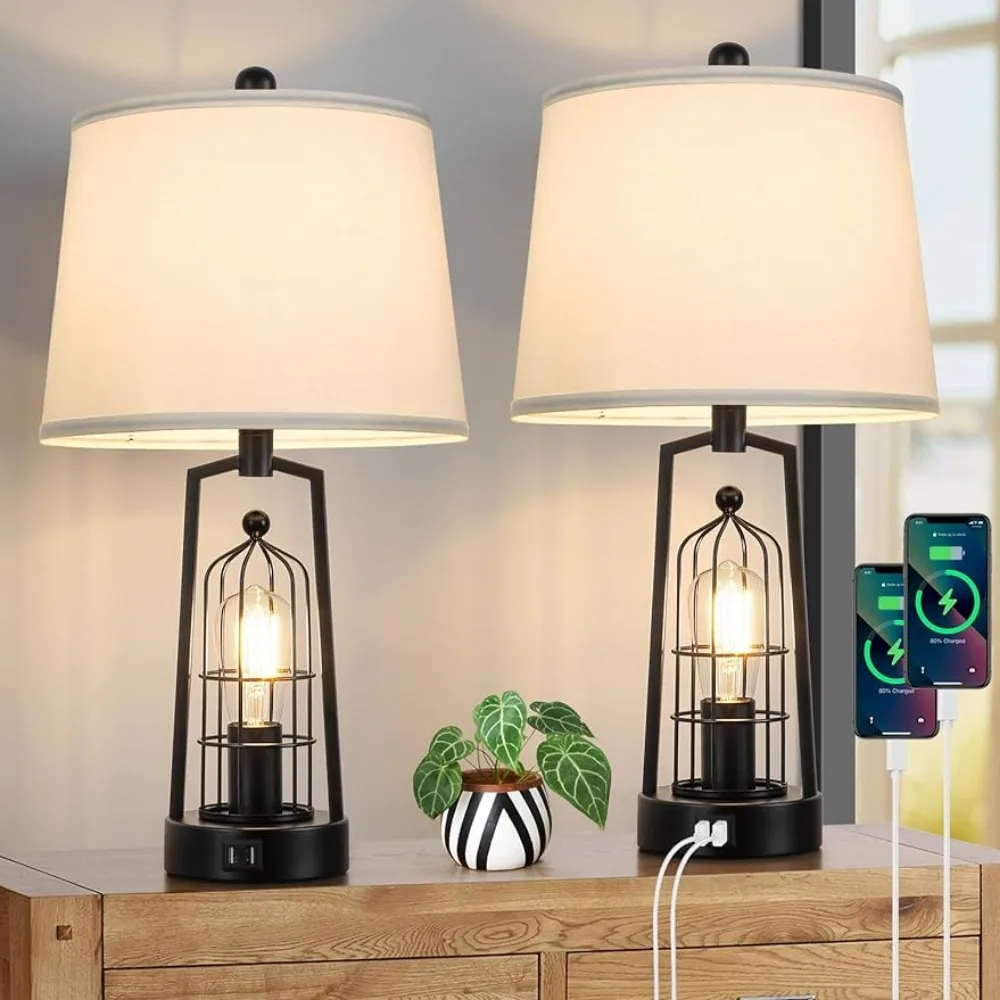 

Bedroom Nightstand Lamp With White Lampshade for House Decor Reading Multi Brightness Black Bedside Lamp Lamps Table Decoration