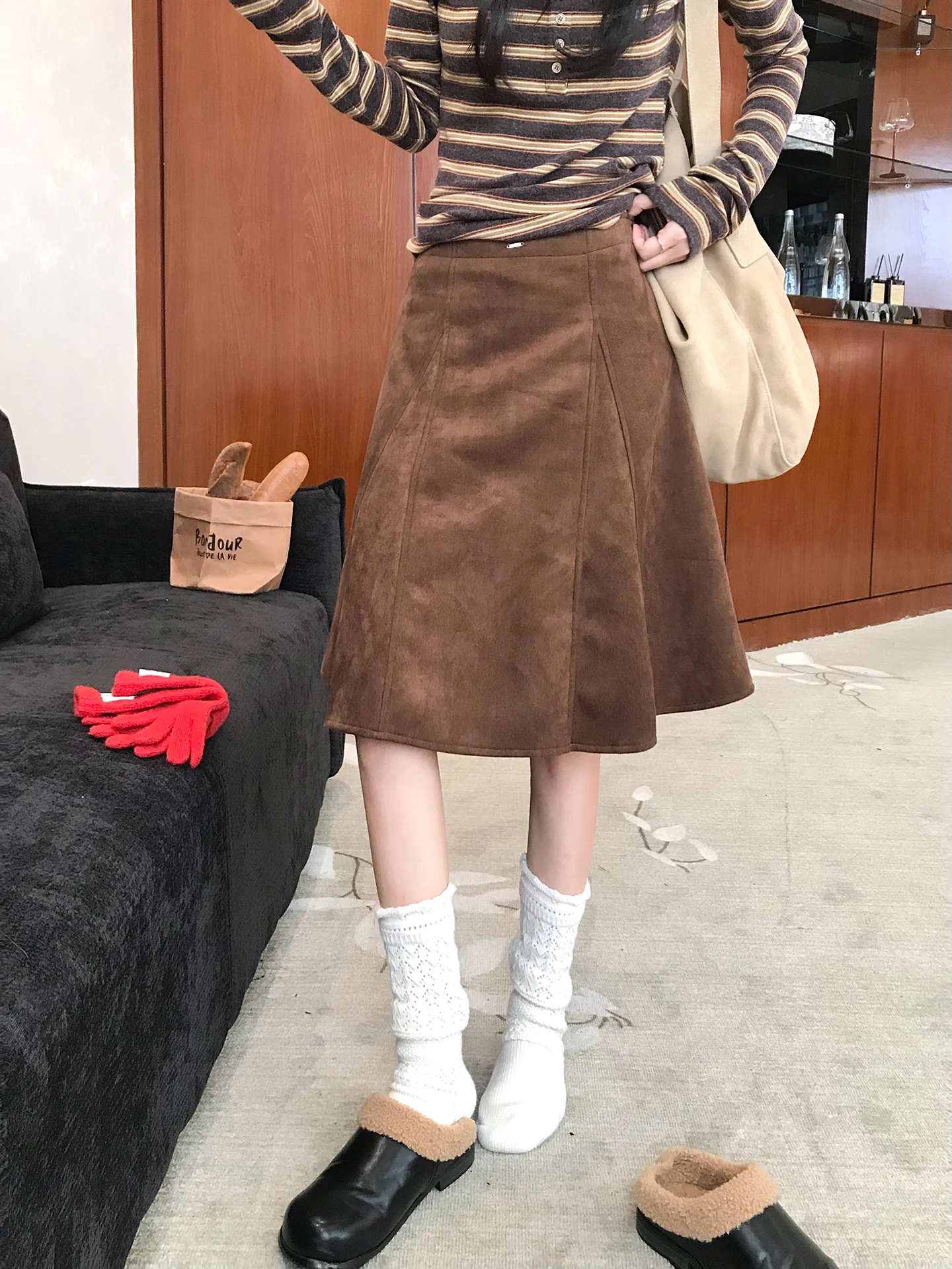 

Юбка трапециевидной формы с высокой талией для женщин, замшевая ткань, удобные универсальные юбки-сли, осенне-зимняя коллекция